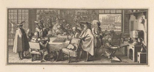 Vignette with various scholars around a table