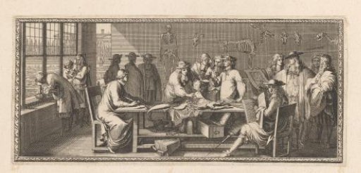 Vignette with various scholars in a room where a fox is being dissected