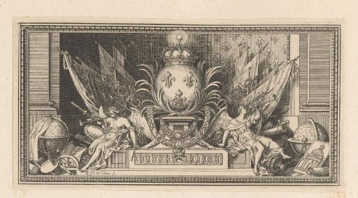 Vignette with a globe bearing the coat of arms of France flanked by angels and banners