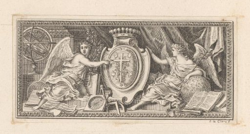 Vignette with two angels beside the coat of arms of Abbé Bignon