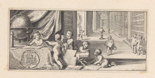 Vignette with putti in a library