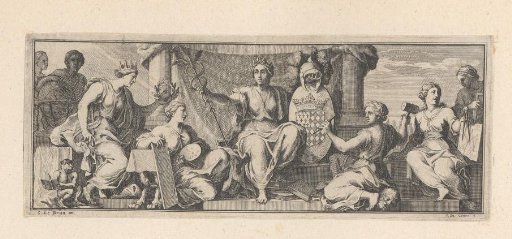Vignette with Rhetoric holding a caduceus and the coat of arms of Lamoignon flanked by the Arts