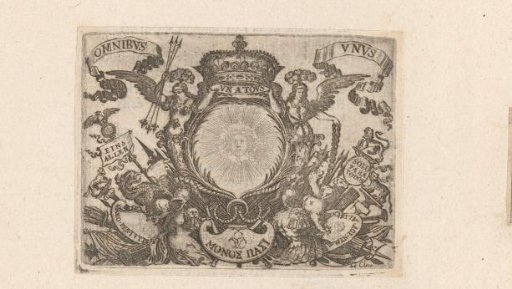 Vignette with the head of Apollo surrounded by angels, a crown, and other objects