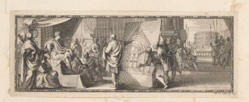 Vignette with Vitruvius before Emperor Augustus with the design for the cathedral of Fano