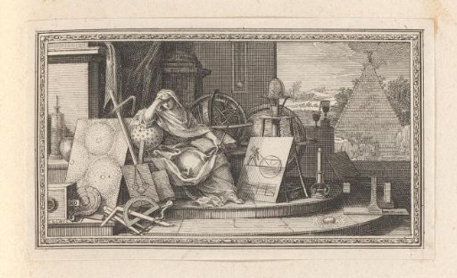 Vignette with an allegory of Philosophy, leaning on a globe surrounded by various measuring instruments