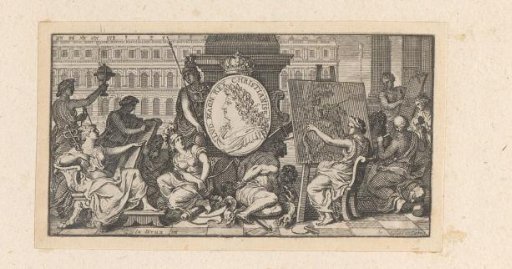 Vignette with the various Arts around a portrait of Louis XIV