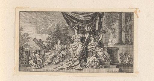 Vignette with a personification of Europe flanked by Piety and Justice
