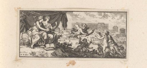 Vignette with a personification of Poetry with the Palace of Versailles in the background