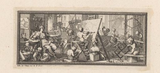 Vignette with an atelier in which putti practice various arts