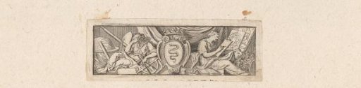 Vignette with two figures beside the coat of arms of Colbert