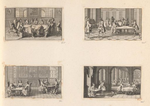 Four vignettes with figures playing various games