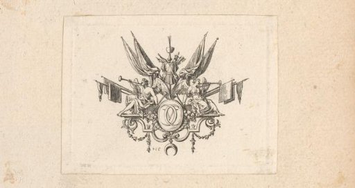 Cul-de-lampe with heraldic shield, blowing angels, and the initials of Charles V