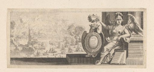 Vignette with Minerva next to the coat of arms of Colbert, with the bombardment of Genoa in the background