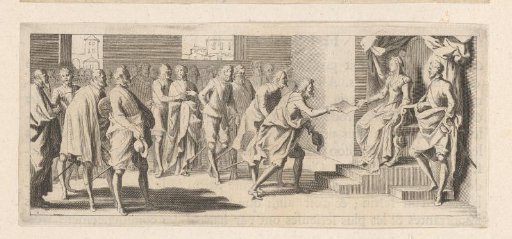 Vignette with a group of people before a queen on her throne