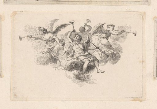 Cul-de-lampe with blazons and blowing angels
