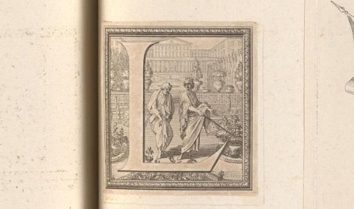 Initial 'L' with Two Figures in a Garden