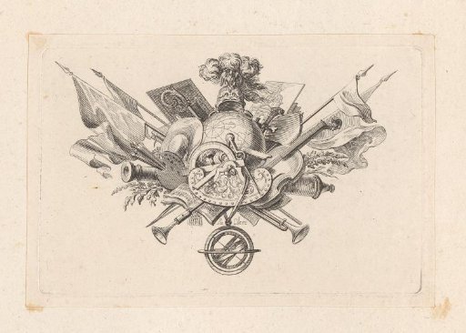 Vignette with Banners, Musical Instruments, Measuring Instruments, and Painting Tools