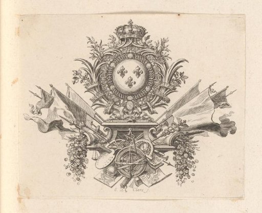 Vignette with the coat of arms of France, flags, and various instruments