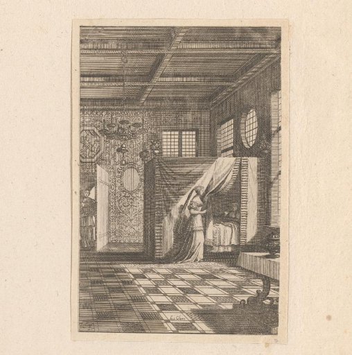 Two Women by a Figure on a Bed in a Bedroom