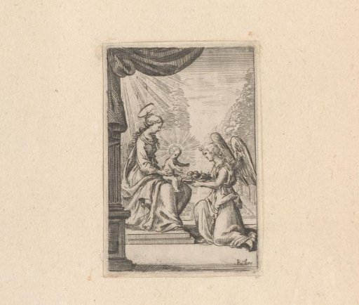 Angel offering fruit to Mary with Child