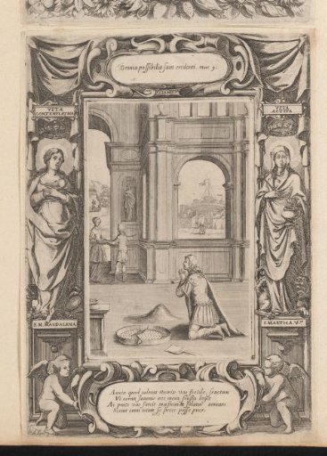 St. Benedict praying by the broken sieve, in a cartouche