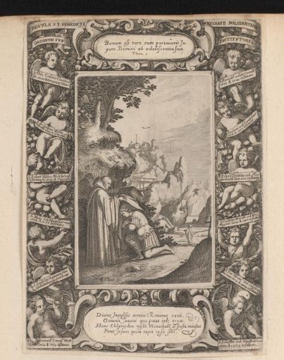 St. Benedict receiving his habit from Romain, in a cartouche