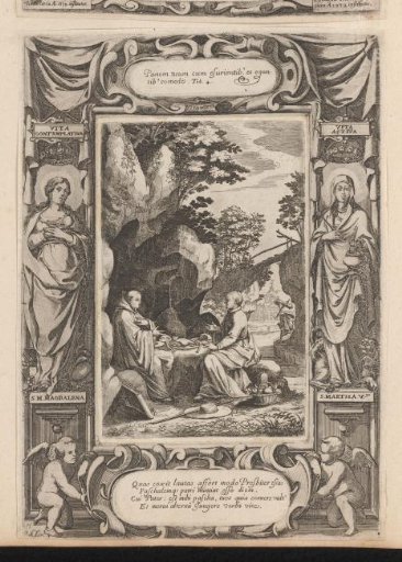 St. Benedict having breakfast with a priest before his cave, in a cartouche