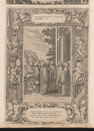 Monks confessing to St. Benedict, in a cartouche