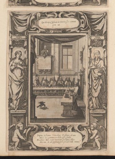 St. Benedict commanding a raven to fly away with the poisoned bread, in a cartouche