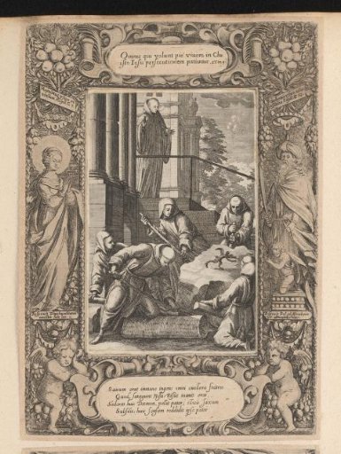 Monks moving a stone with a devil on it, in a cartouche