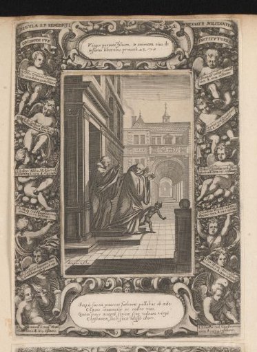 St. Benedict correcting a monk seduced by a devil, in a cartouche