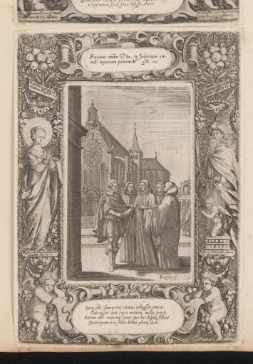 St. Benedict giving money to a man in debt, in a cartouche