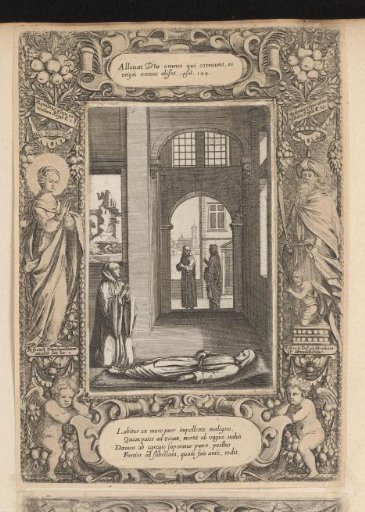 St. Benedict praying by the corpse of a monk and bringing him back to life, in a cartouche