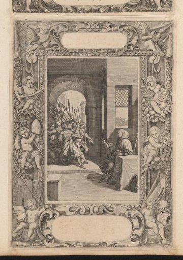 St. Benedict gesturing to a false king, in a cartouche