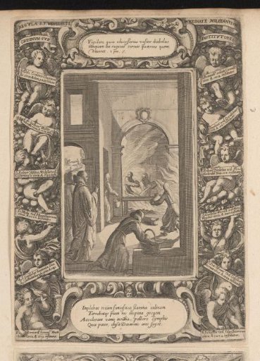 St. Benedict extinguishing a fire in the kitchen, in a cartouche