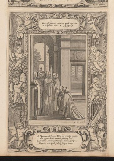 Two kneeling monks before St. Benedict, in a cartouche