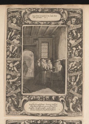 St. Benedict pointing out a monk's proud thoughts, in a cartouche