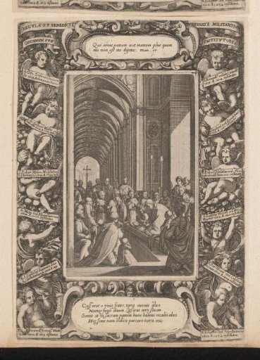 H. Benedictus places a host on the body of a deceased monk, in a cartouche