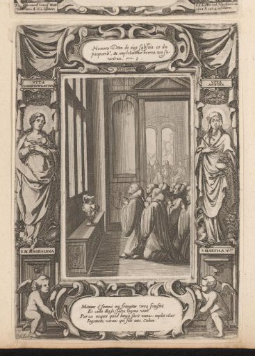 Praying monks before a vase, in a cartouche