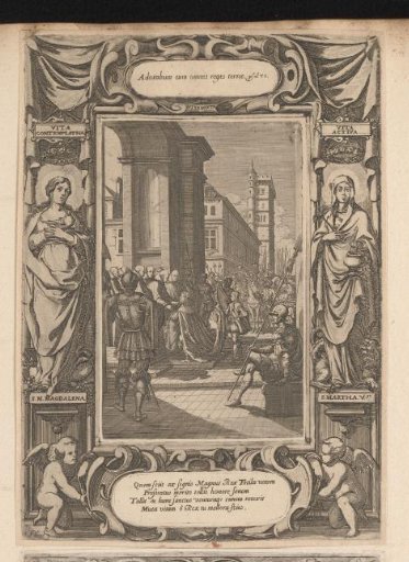 H. Benedictus receives King Totila who kneels before him, in a cartouche