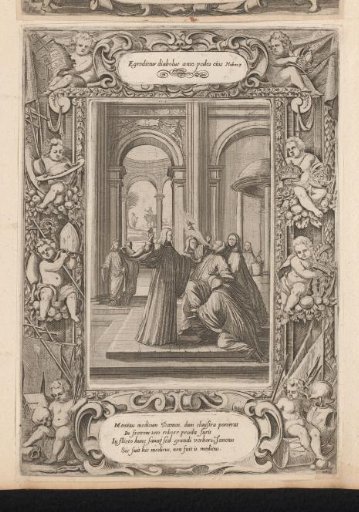 H. Benedictus drives a devil out of a monk, in a cartouche