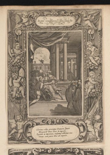 H. Benedictus drives a devil out of a clerk, in a cartouche