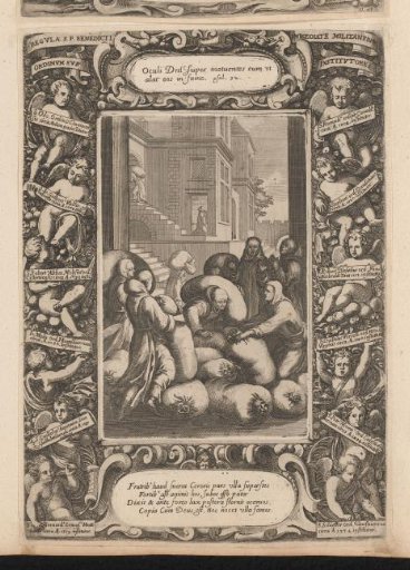 Monks with sacks of grain, in a cartouche