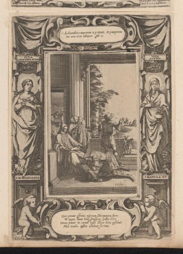 Galla kneels before H. Benedictus, in a cartouche
