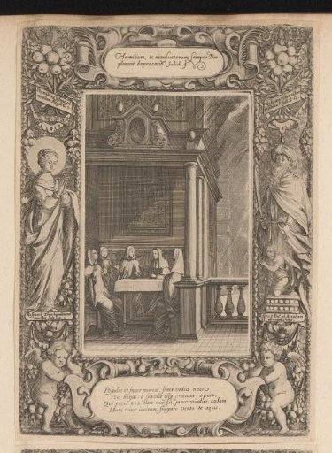H. Benedictus visits the monastery of Scholastique as a storm approaches, in a cartouche