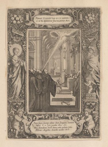 Death of H. Benedictus in prayer, in a cartouche