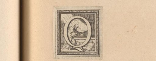 Letter Q with Augustine of Hippo at his writing desk