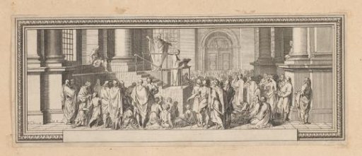 Augustine of Hippo descending the steps of a church before a group of people