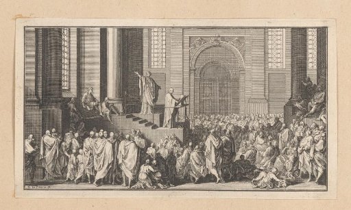 Augustine of Hippo descending the steps of a church before a group of people