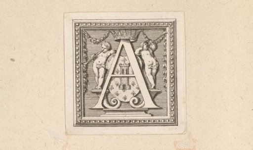 Initial 'A' with Two Putti, a Crown, and a Shield with a Tower